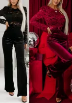 Women Spring Backless lace Patchwork long sleeve Jumpsuit
