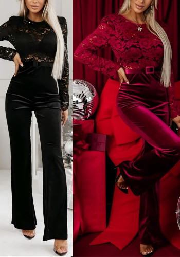 Women Spring Backless lace Patchwork long sleeve Jumpsuit