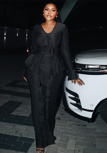 Women solid elegant long sleeve u-neck dress
