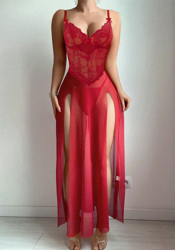 Women red Lace slit Dress sexy lingerie