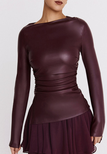 Women Pleated Long Sleeve Pu-Leather Top