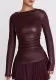 Women Pleated Long Sleeve Pu-Leather Top