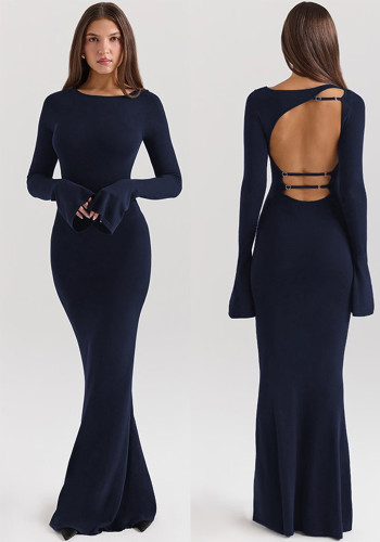 Women autumn solid elegant backless long sleeve dress