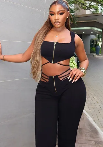 Women sexy black sleeveless Top Lace-Up Pants two-piece set