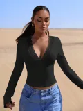 V-Neck Patchwork Lace Sexy Long-Sleeved Slim Top