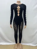 Winter Solid Color Round Neck Lace One-Piece Knitting Slim Sexy Diamond Jumpsuit