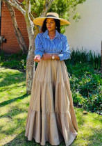 Women Striped Top and Solid Long Skirt Two Piece Set