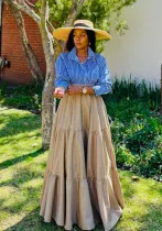 Women Striped Top and Solid Long Skirt Two Piece Set