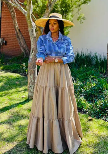 Women Striped Top and Solid Long Skirt Two Piece Set