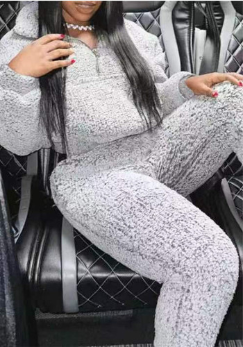 Autumn Winter Gray Fleece Long Sleeve Two Piece Tracksuit