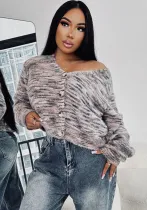 Winter Striped Knitting Coat High Waist Casual V-Neck Long Sleeve Loose Sweater