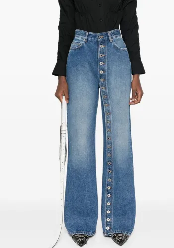 High Waist Elastic Button Straight-Leg Denim Pants
