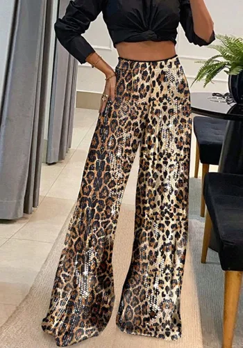 Women Winter Leopard Sequin Casual Pants