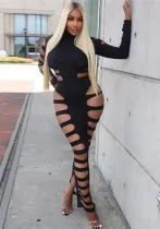 Women Sexy Hollow Ripped Long Sleeve Top and Skirt Two Piece Set