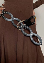 Vintage Rivet Oval Ring Pu Leather Belt Decorative Matching Skirt Black Belt