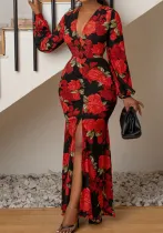 Plus Size Women Spring Print Slit Dress