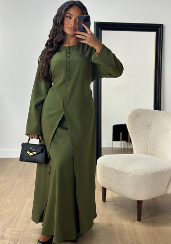 Women Autumn and Winter Satin Button Dress Two Piece Set