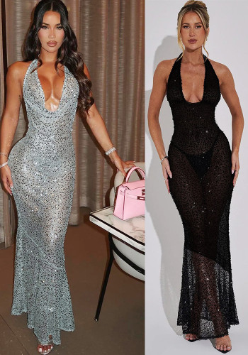 Women's Fashion Sexy Sleeveless Deep V Halter Neck Low Back Sequin Dress