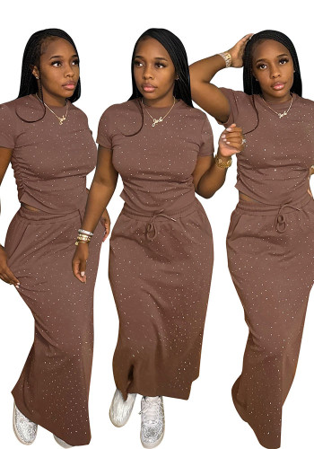 Women Beaded Short Sleeve Top and Skirt Two Piece Set