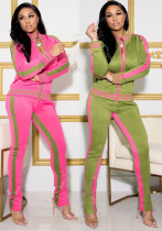 Zipper Stand Collar Striped Long-Sleeved Jacket Casual Pants Two-Piece Set
