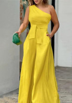 Winter Women's Fashion Slash Shoulder Belt Slim Waist Slim Wide-Leg Jumpsuit