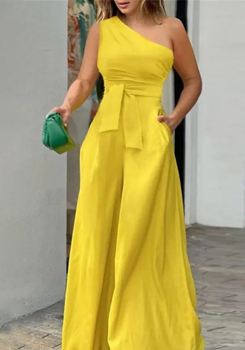 Winter Women's Fashion Slash Shoulder Belt Slim Waist Slim Wide-Leg Jumpsuit