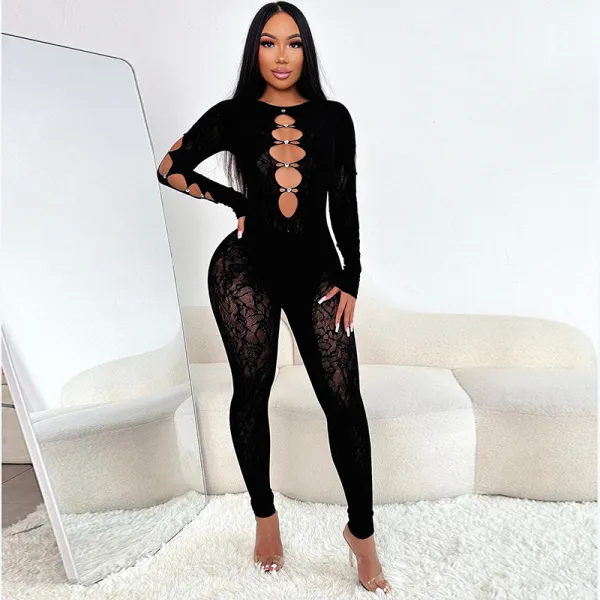 Winter Solid Color Round Neck Lace One-Piece Knitting Slim Sexy Diamond Jumpsuit