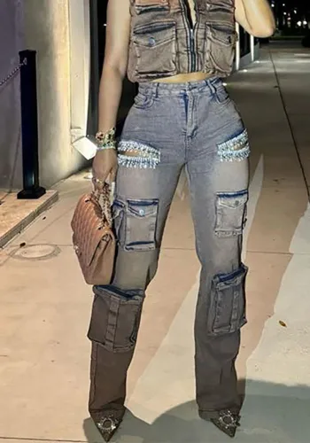 Women Trendy Retro Tassel Diamond Denim Cargo Pants