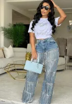 Sequin Tassel Fashion Straight Denim Pants