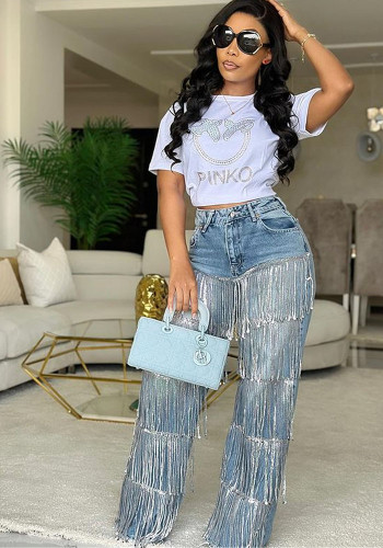 Sequin Tassel Fashion Straight Denim Pants