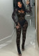 Women Sexy Lace Hollow See-Through Bodysuit and Pants Two Piece Set