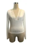 V-Neck Patchwork Lace Sexy Long-Sleeved Slim Top
