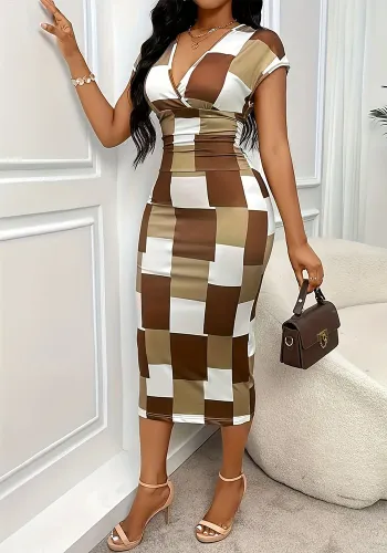 Women Patchwork Printed V-Neck Short Sleeve Dress