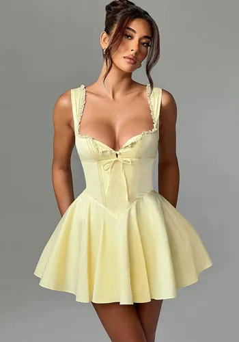 Sexy Lace Edge V-Neck Solid Color Summer Women Strap A-Line Dress
