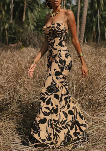 Women Printed Sexy Backless Strap Dress