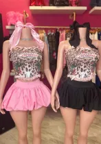 Women Leopard Print Top and Skirt Two Piece Set