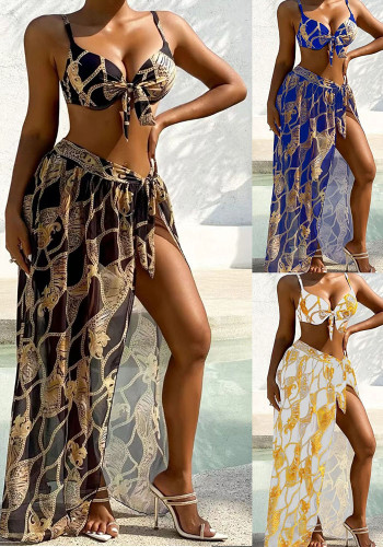 Multi-Color Printed Three-Piece Bikini Women's Swimsuit