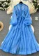 Spring Autumn Diamond Stand Collar Lantern Sleeve Button Belt Slim Waist Chic Dress
