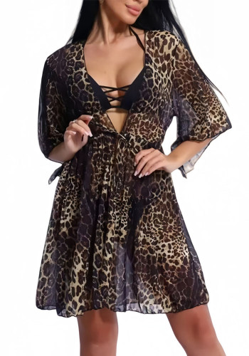 Bikini Three-Piece Printed Mesh Women's Short-Sleeved Sunscreen Robe Swimsuit