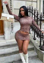 Autumn Fashion Plaid Round Neck Long Sleeve Top High Waist Short Skirt Slim Female Two Piece Set