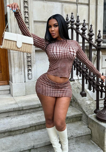 Autumn Fashion Plaid Round Neck Long Sleeve Top High Waist Short Skirt Slim Female Two Piece Set