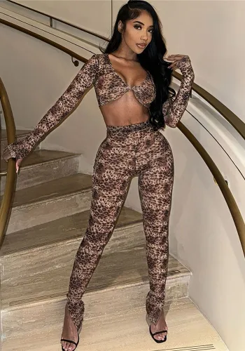 Autumn Elastic Leopard Print Slim Sexy Short Long-Sleeved Top Trousers Two Piece Set