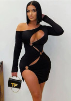Autumn Solid Color Elastic Metal Slim Sexy Long-Sleeved Slash Shoulder Dress