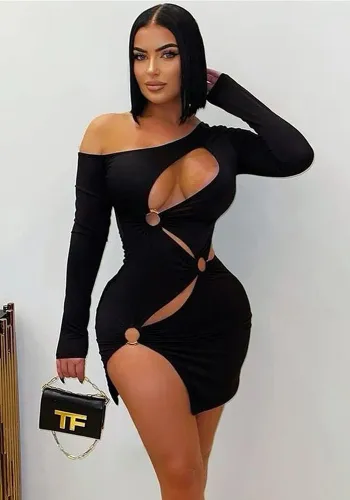 Autumn Solid Color Elastic Metal Slim Sexy Long-Sleeved Slash Shoulder Dress