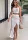 Summer Solid Color Strapless Tops Slit Long Skirts Fashion Two Piece Set