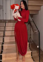 Autumn Solid Color High Neck Long Sleeve Slim Slit Pleated Long Dress