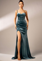 Strap Formal Party Velvet High-Slit Evening Dress Female Bridesmaid Gown