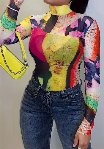 Women's Fashion Casual Color Block Print Long Sleeve Top