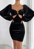 Women's Sexy Low Back Ring Slim Waist Chic Puff Sleeve Bodycon Velvet Dress