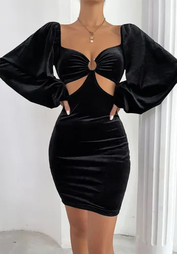 Women's Sexy Low Back Ring Slim Waist Chic Puff Sleeve Bodycon Velvet Dress